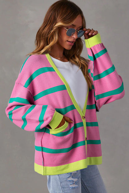 Pink Striped Drop Shoulder Buttoned Loose Cardigan