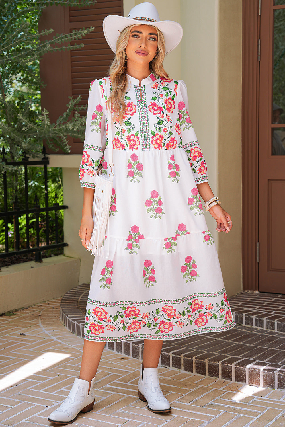 White Floral Print Loose Tiered Maxi Dress