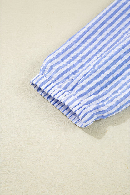 Sky Blue Striped Textured Bracelet Sleeve Tiered Mini Dress