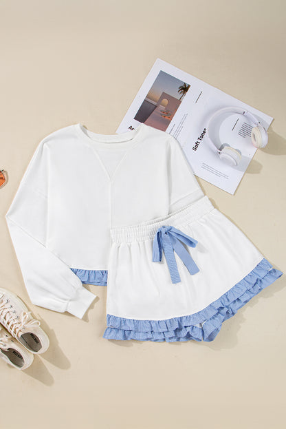 White Striped Ruffle Hem Long Sleeve Pullover and Shorts Set