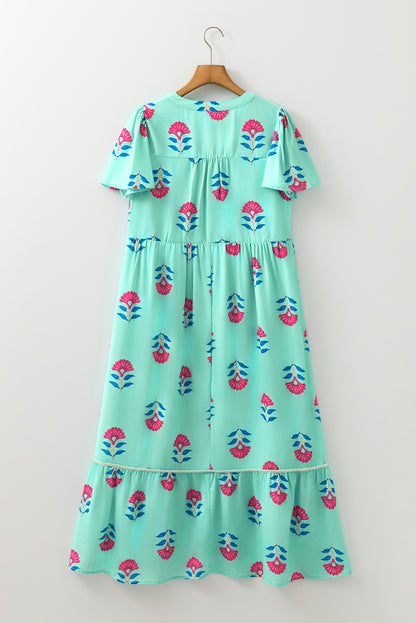 Green Floral Print Notched Neck Flounce Sleeve Midi Dress
