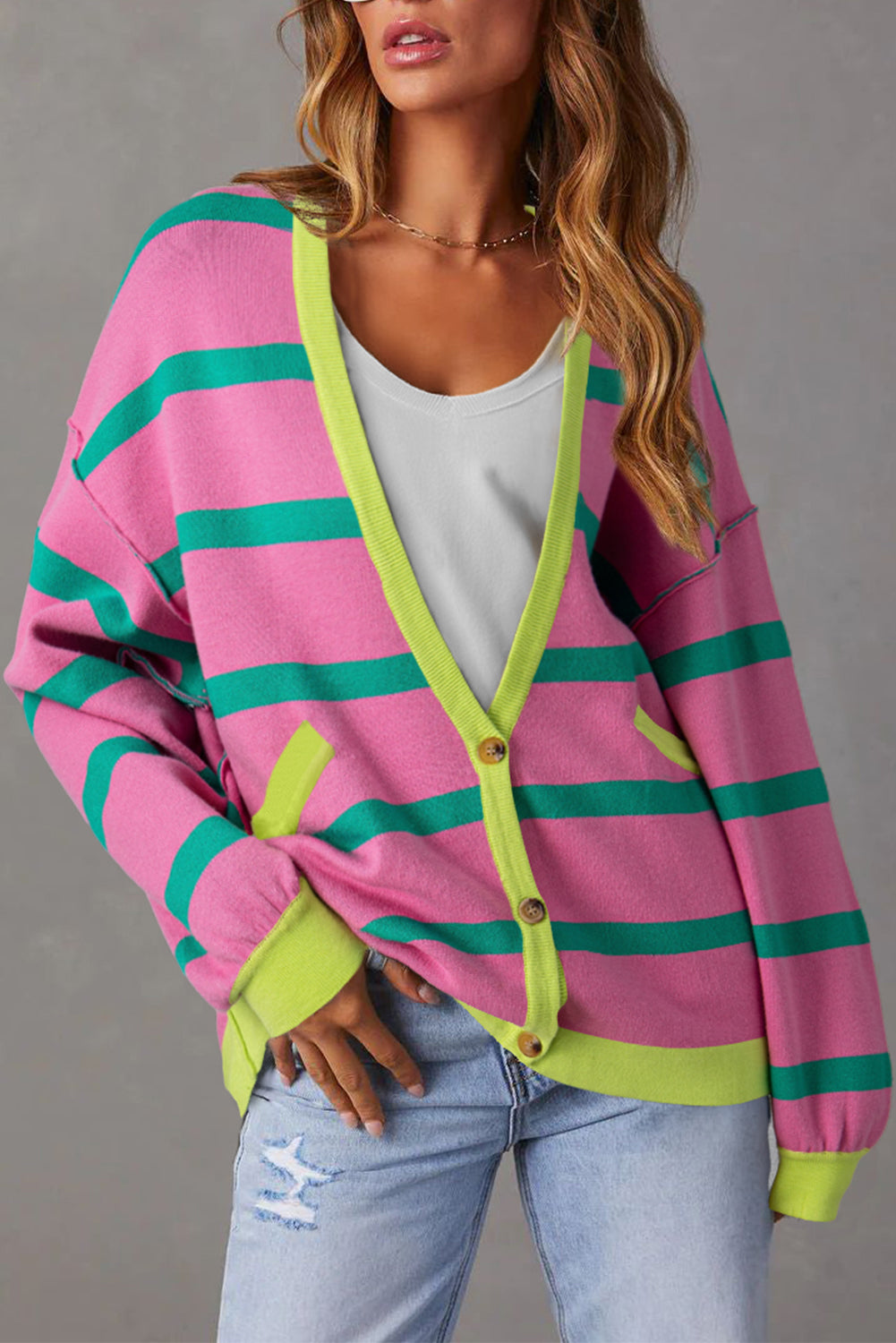 Pink Striped Drop Shoulder Buttoned Loose Cardigan
