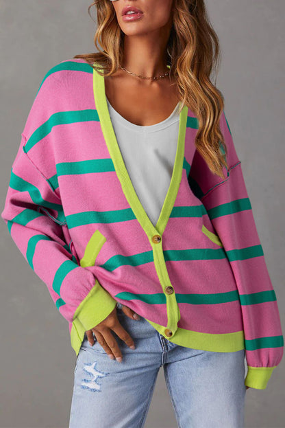 Pink Striped Drop Shoulder Buttoned Loose Cardigan