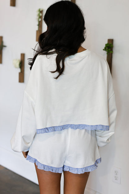 White Striped Ruffle Hem Long Sleeve Pullover and Shorts Set