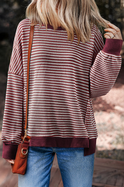 Red Stripe Ribbed Trim Drop Shoulder Long Sleeve Oversized Top