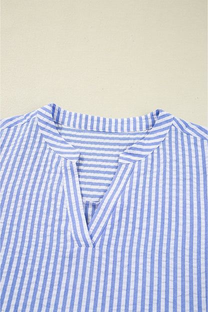 Sky Blue Striped Textured Bracelet Sleeve Tiered Mini Dress