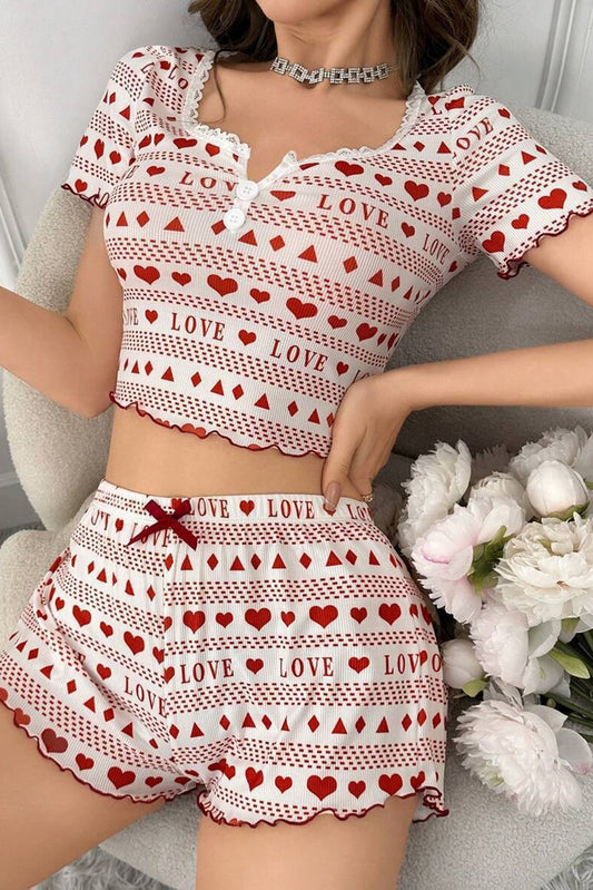 Red Heart Love Print Lace Trim Neck Crop Top and Shorts Pajama Set