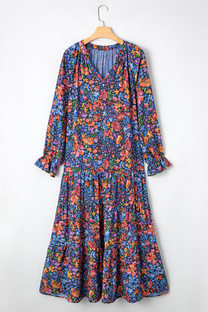 Blue Floral Print V Neck Long Sleeve Flowy Maxi Dress