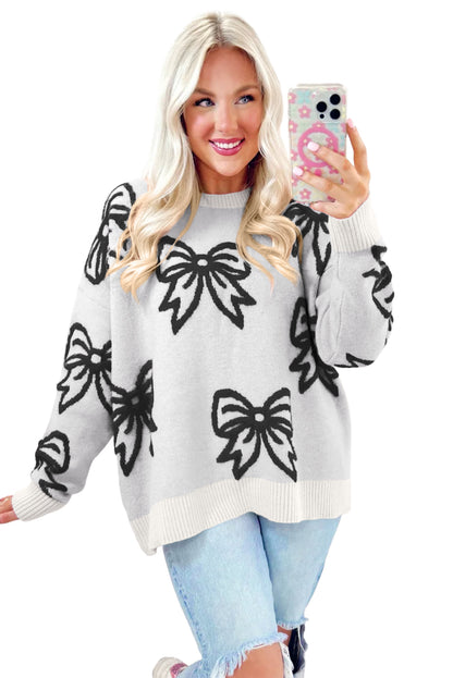 White Bow Pattern Drop Shoulder Loose Sweater