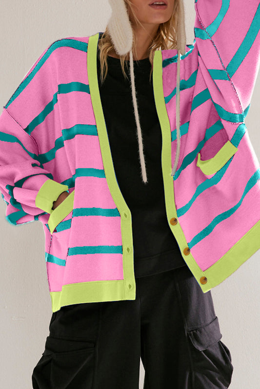 Pink Striped Drop Shoulder Buttoned Loose Cardigan