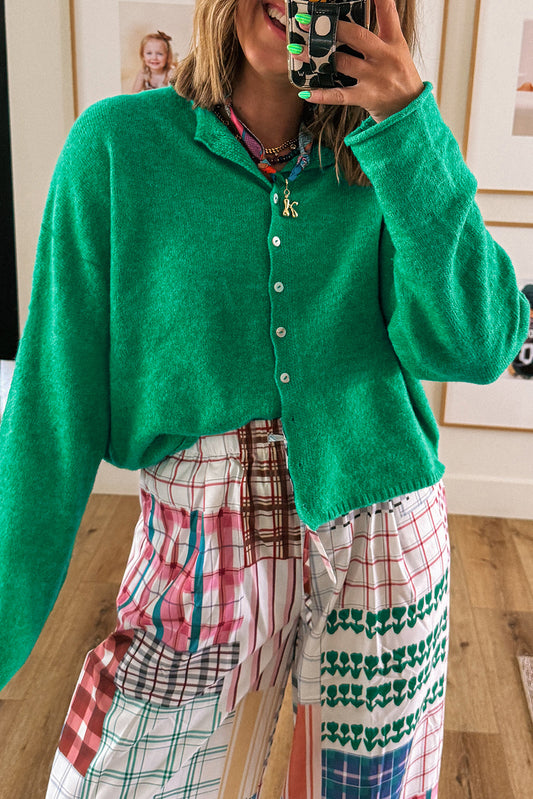 Bright Green Solid Color Button Drop Shoulder Knit Cardigan
