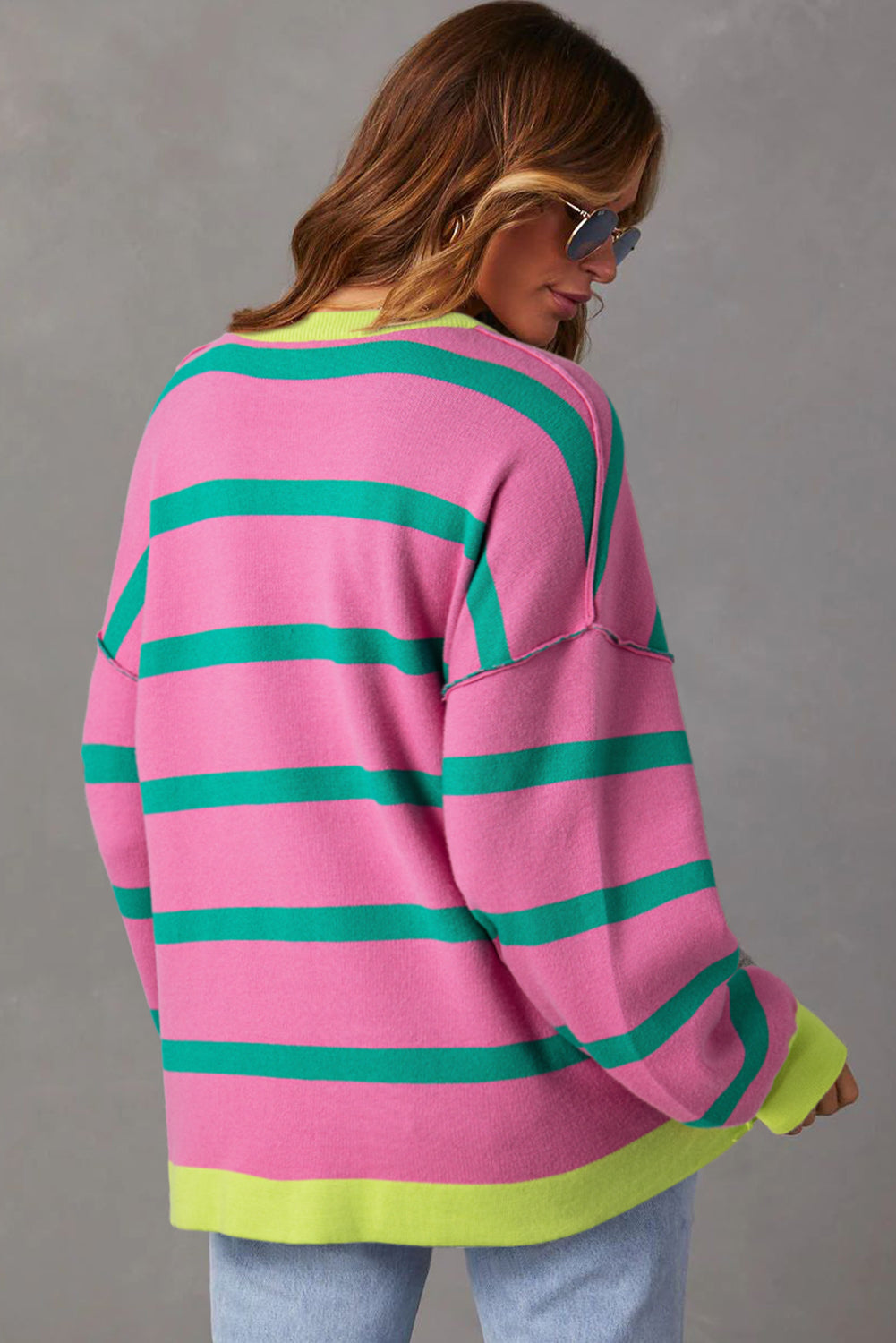 Pink Striped Drop Shoulder Buttoned Loose Cardigan