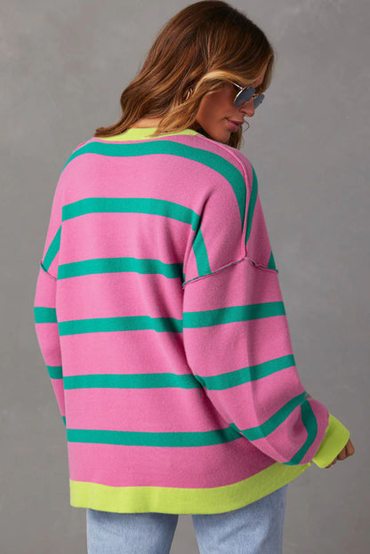 Pink Striped Drop Shoulder Buttoned Loose Cardigan