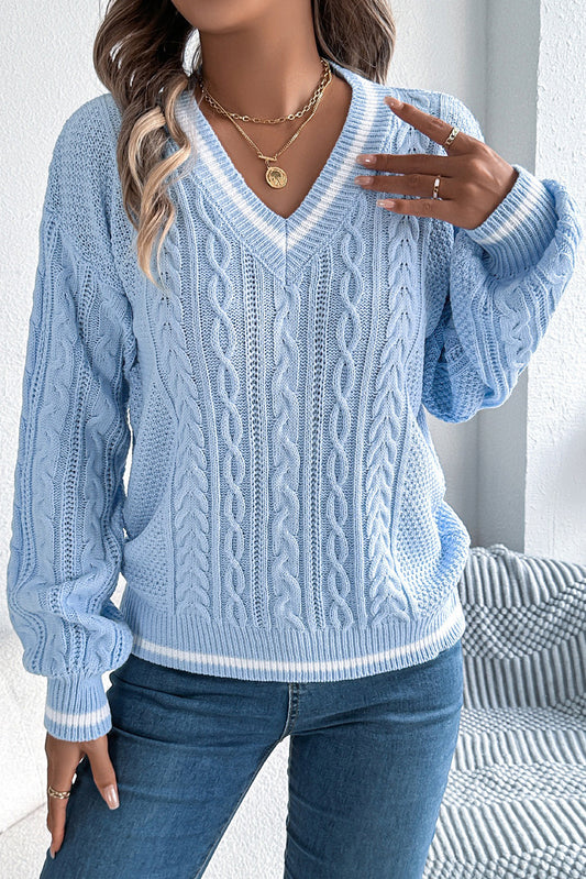 Beau Blue Cable Knit V Neck Contrast Trim Sweater