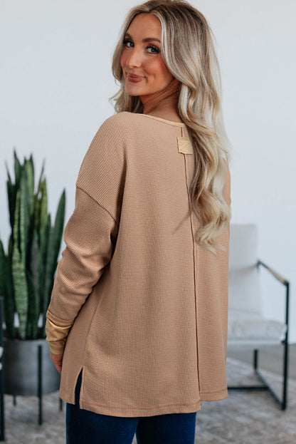 Dark Khaki Waffle Textured Patchwork Tunic Henley Top