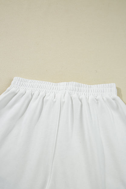 White Striped Ruffle Hem Long Sleeve Pullover and Shorts Set