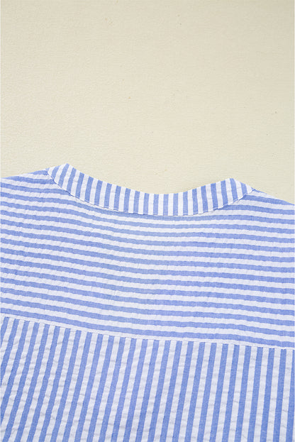 Sky Blue Striped Textured Bracelet Sleeve Tiered Mini Dress