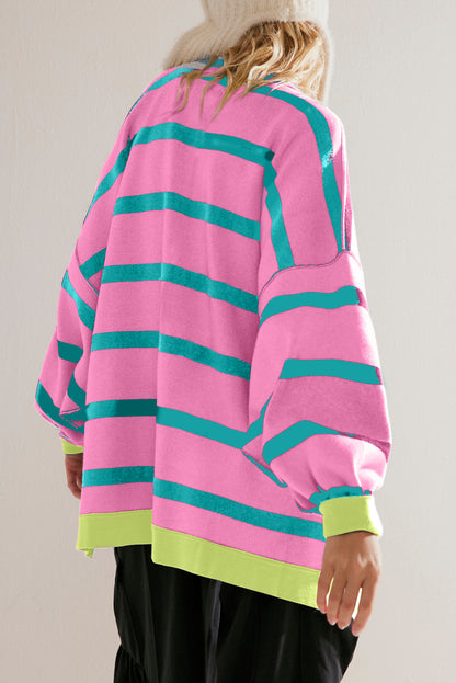 Pink Striped Drop Shoulder Buttoned Loose Cardigan