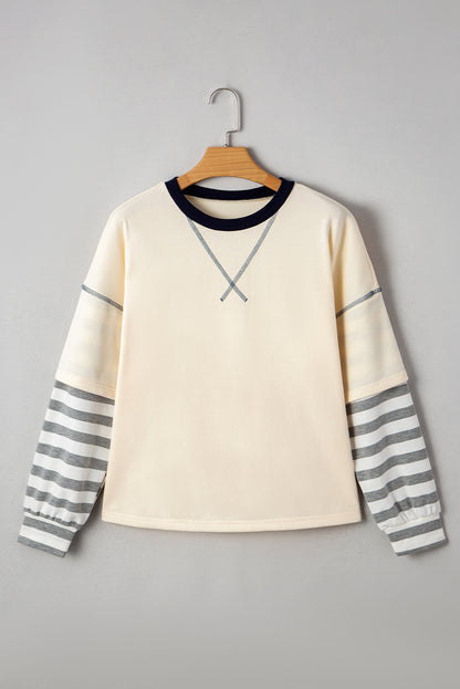 Beige Striped Patchwork Two-in-one Long Sleeve Top
