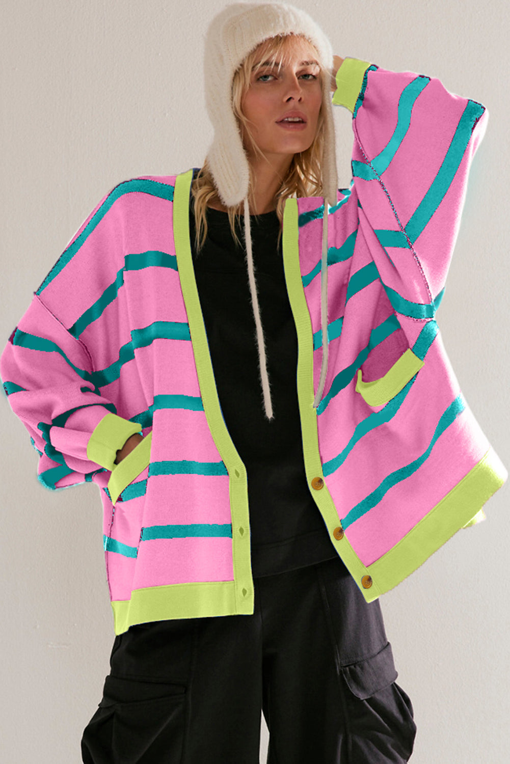 Pink Striped Drop Shoulder Buttoned Loose Cardigan