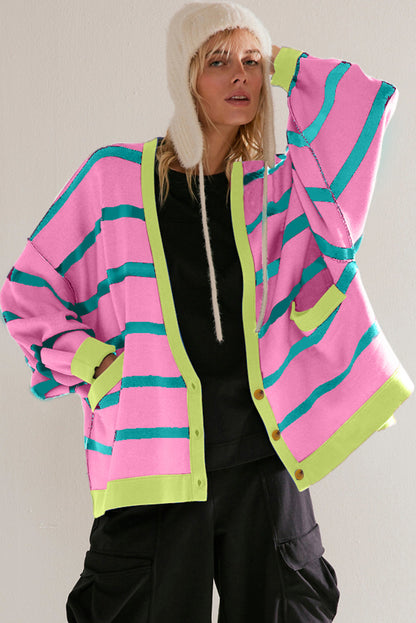 Pink Striped Drop Shoulder Buttoned Loose Cardigan