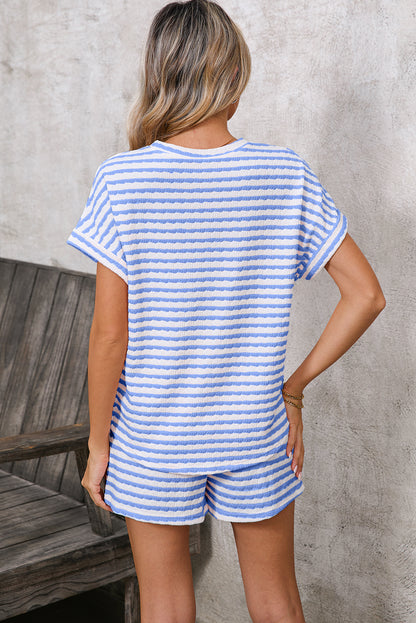 Sky Blue Striped Print Short Sleeve Top and Pocket Shorts Set