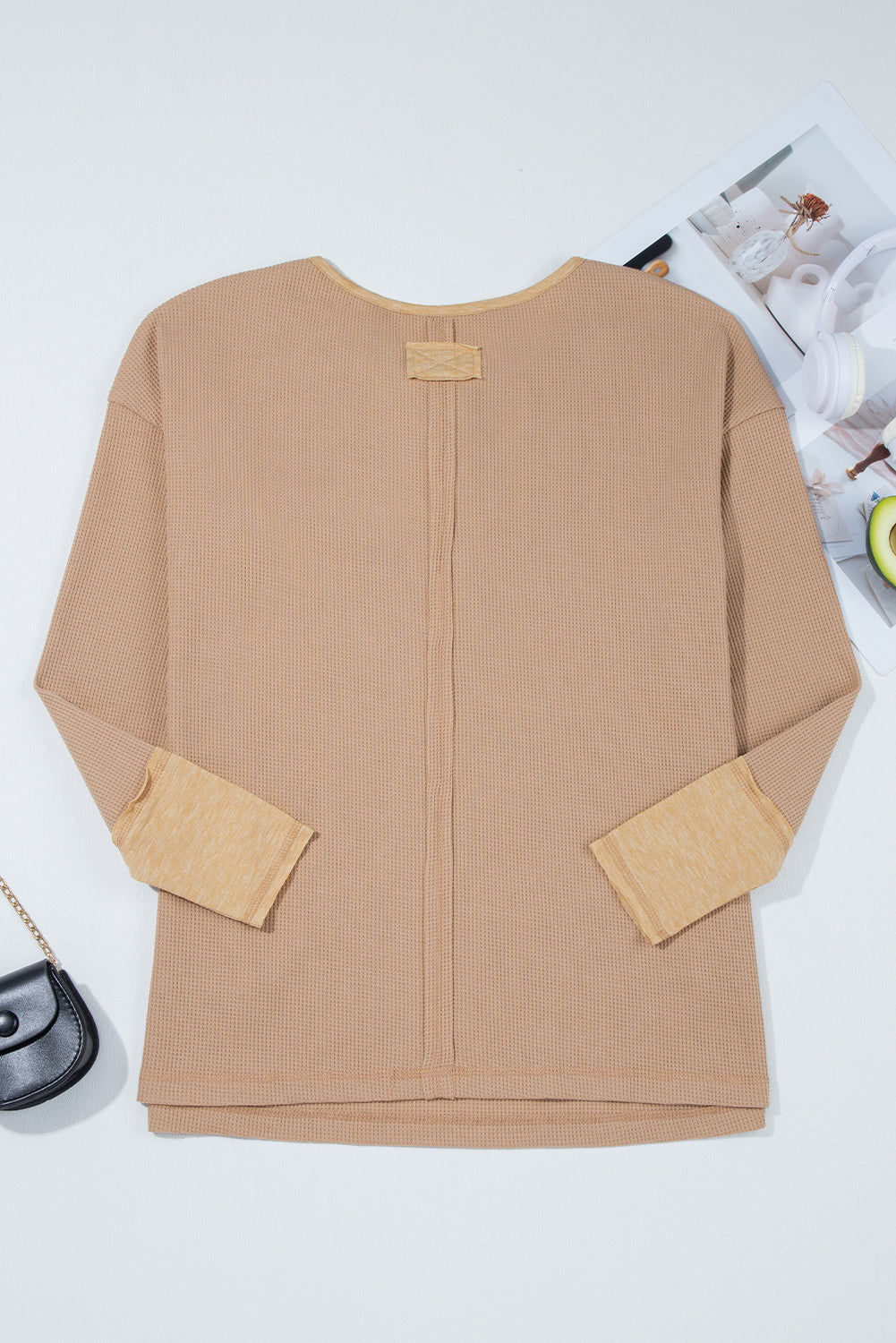 Dark Khaki Waffle Textured Patchwork Tunic Henley Top