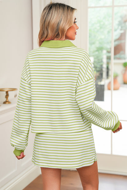 Green Striped Collared V Neck Drop Shoulder Pullover and Skirt Set