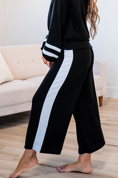 Black Contrast Trim Long Sleeve Pullover and Pants Set