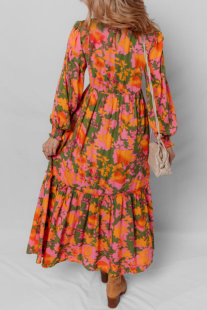 Orange Floral Puff Sleeve Smocked Bodice Frill Tiered Dress