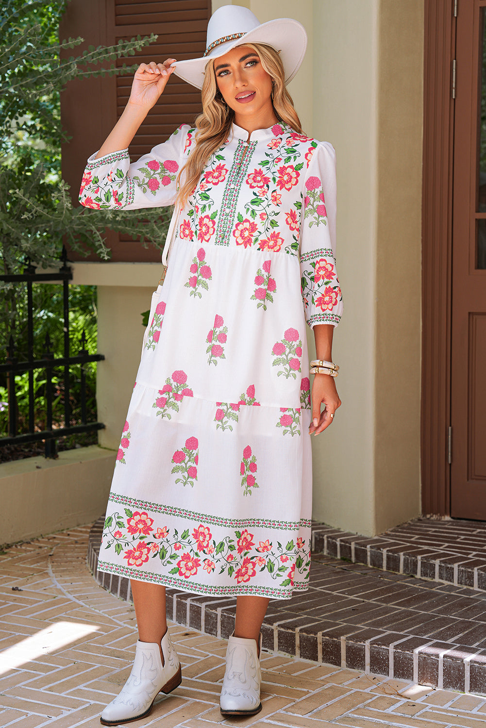 White Floral Print Loose Tiered Maxi Dress