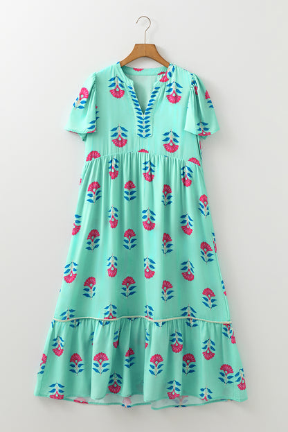 Green Floral Print Notched Neck Flounce Sleeve Midi Dress