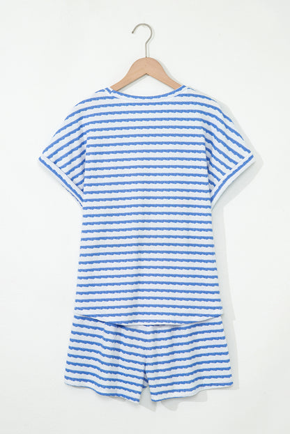 Sky Blue Striped Print Short Sleeve Top and Pocket Shorts Set