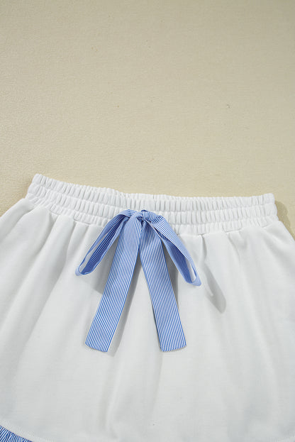 White Striped Ruffle Hem Long Sleeve Pullover and Shorts Set