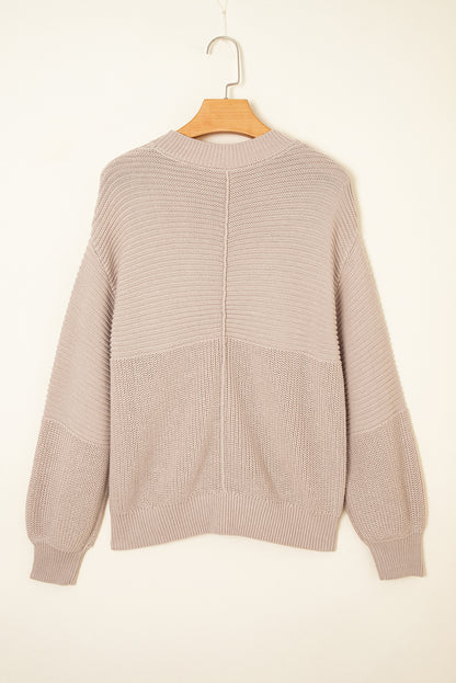 Parchment Mixed Texture Patchwork Knitted Lantern Sleeve Sweater
