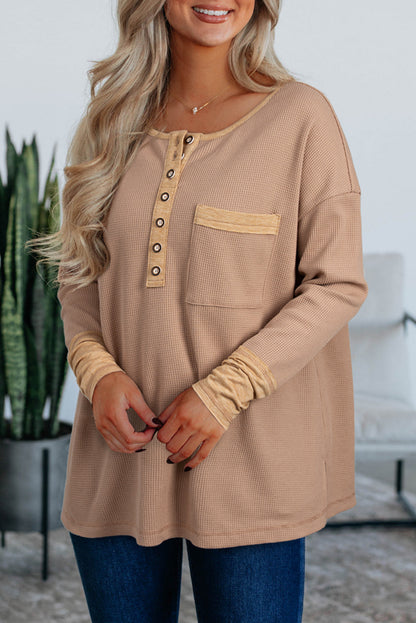 Dark Khaki Waffle Textured Patchwork Tunic Henley Top