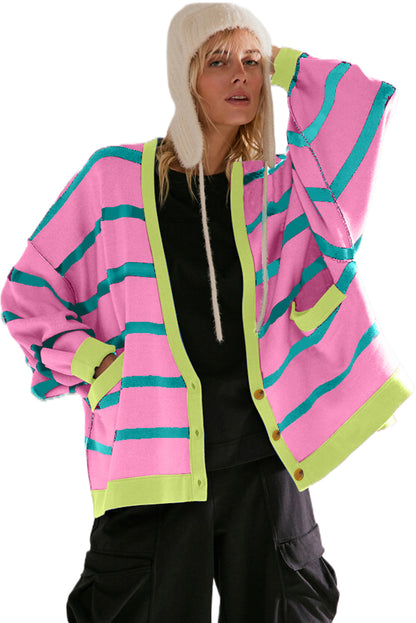 Pink Striped Drop Shoulder Buttoned Loose Cardigan