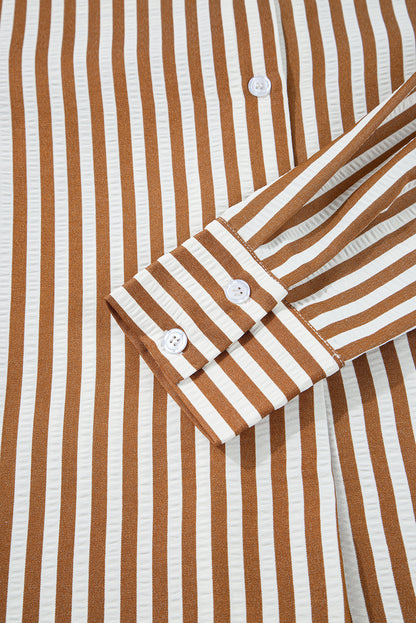 Brown Stripe Ruffle Hem Collared Long Sleeve Shirt Mini Dress