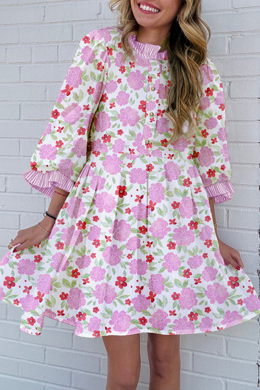 Pink Floral Print Striped Trim Flowy Mini Dress