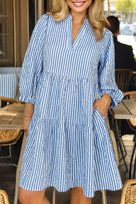 Sky Blue Striped Textured Bracelet Sleeve Tiered Mini Dress