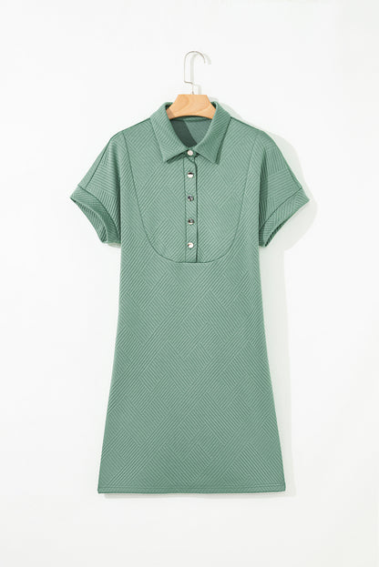 Bright Green Textured V Button Collared Mini Dress