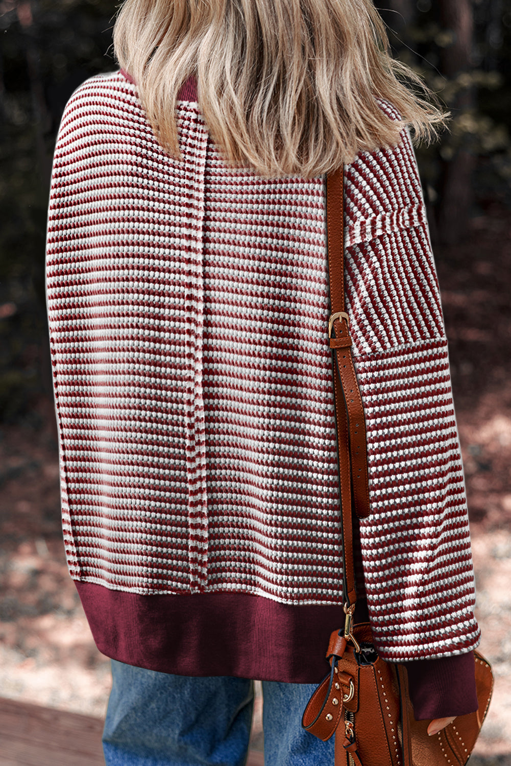 Red Stripe Ribbed Trim Drop Shoulder Long Sleeve Oversized Top