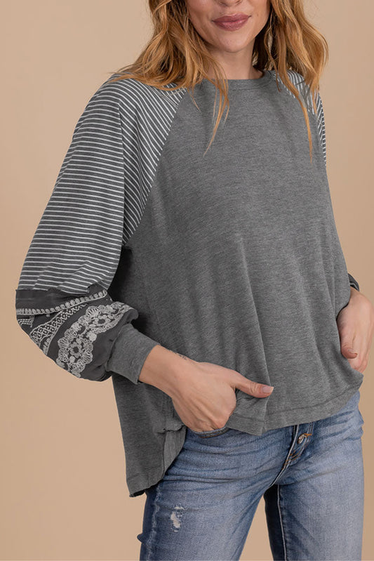 Gray Contrast Print Striped Raglan Long Sleeve Loose Top