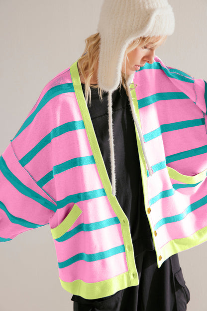 Pink Striped Drop Shoulder Buttoned Loose Cardigan